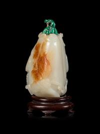 A Russet and White Jade 'Butterfly and Melon' Snuff Bottle