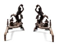 A Pair of Continental Iron Andirons with Hercules and the Nemean Lion