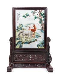 A Famille Rose Porcelain Inset Hongmu Table Screen