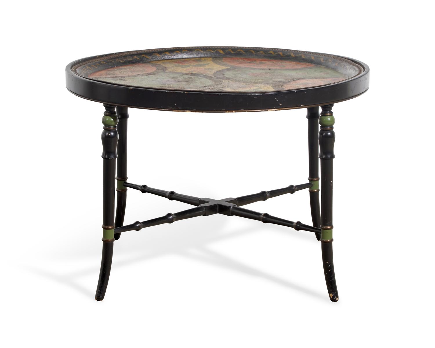 A Tole-Decorated Tinware Tray on Later Painted Wood Base