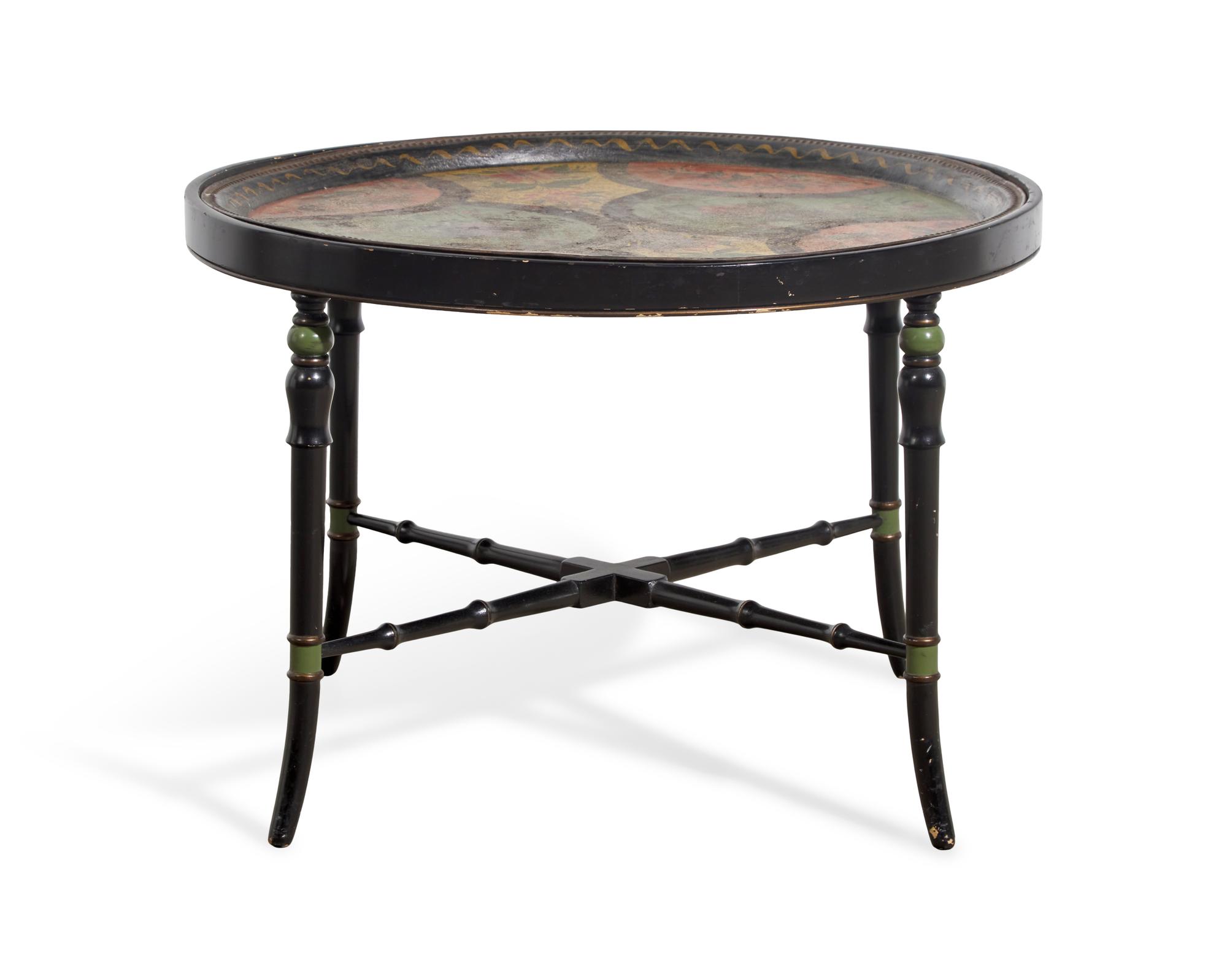 A Tole-Decorated Tinware Tray on Later Painted Wood Base