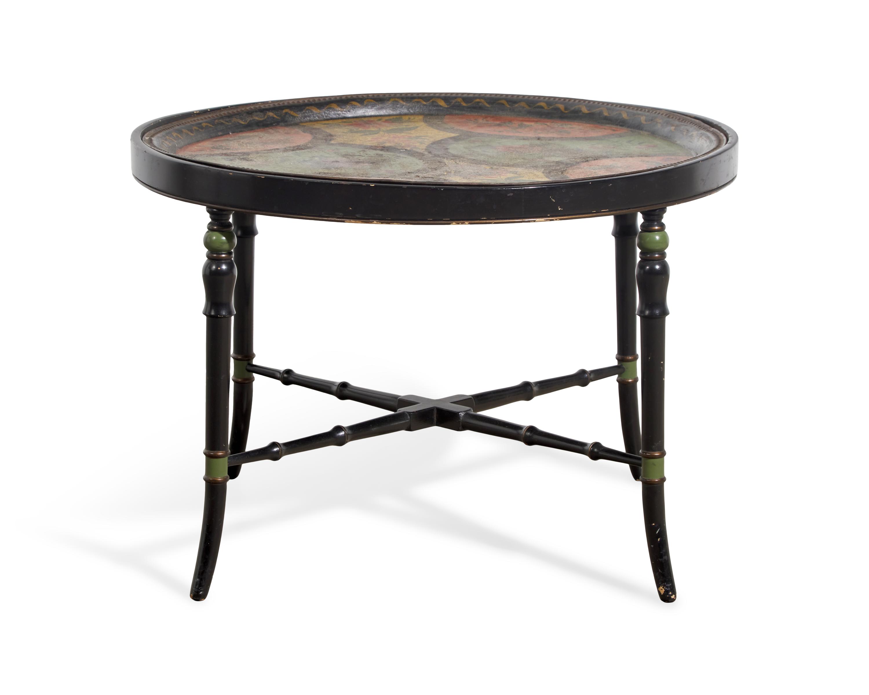 A Tole-Decorated Tinware Tray on Later Painted Wood Base