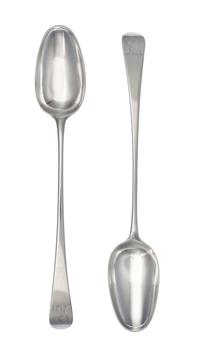 A Pair of George III Silver Serving Spoons, William Fearn, London, 1776, the Old English handle with an engraved crest of a stag lodged