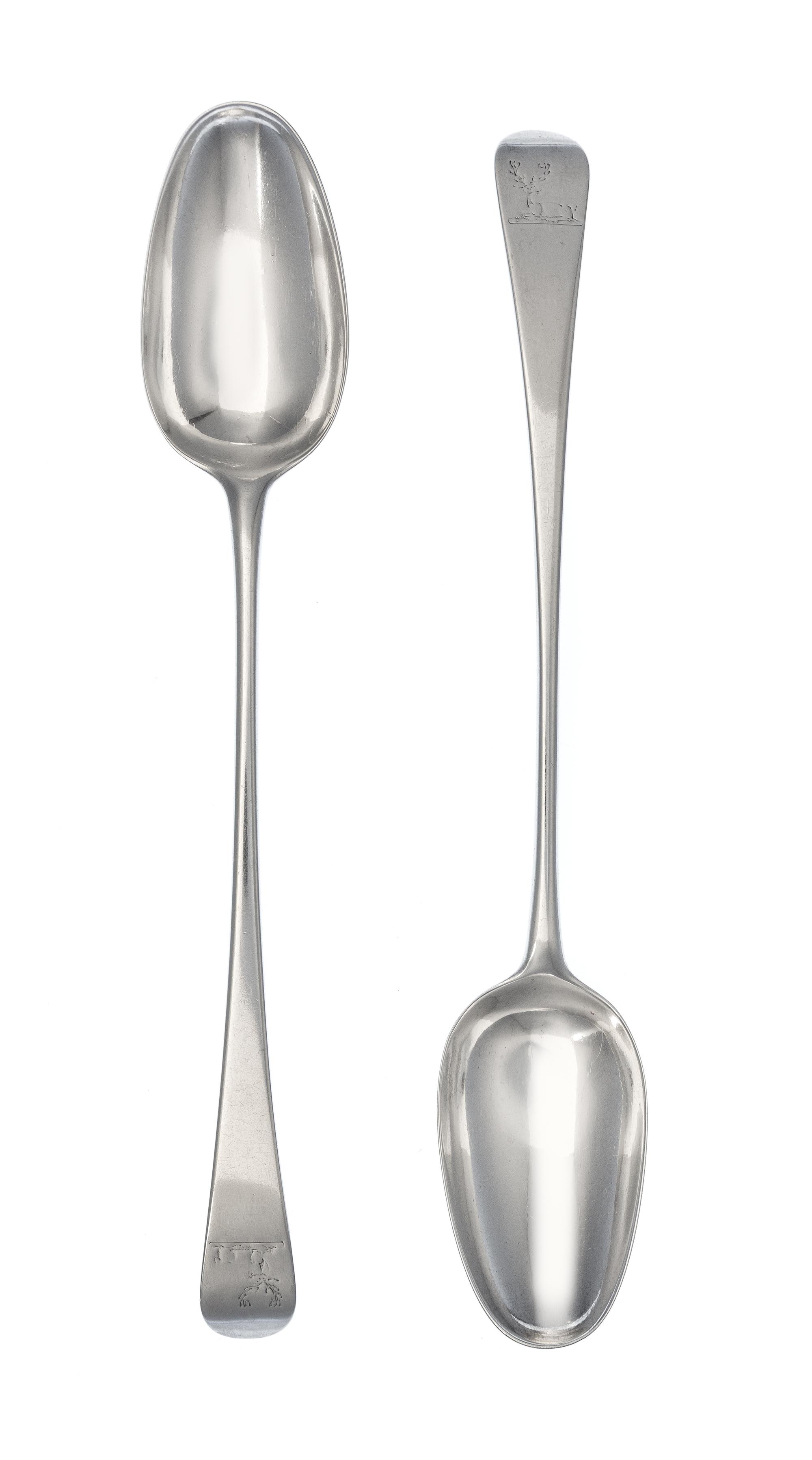 A Pair of George III Silver Serving Spoons, William Fearn, London, 1776, the Old English handle with an engraved crest of a stag lodged