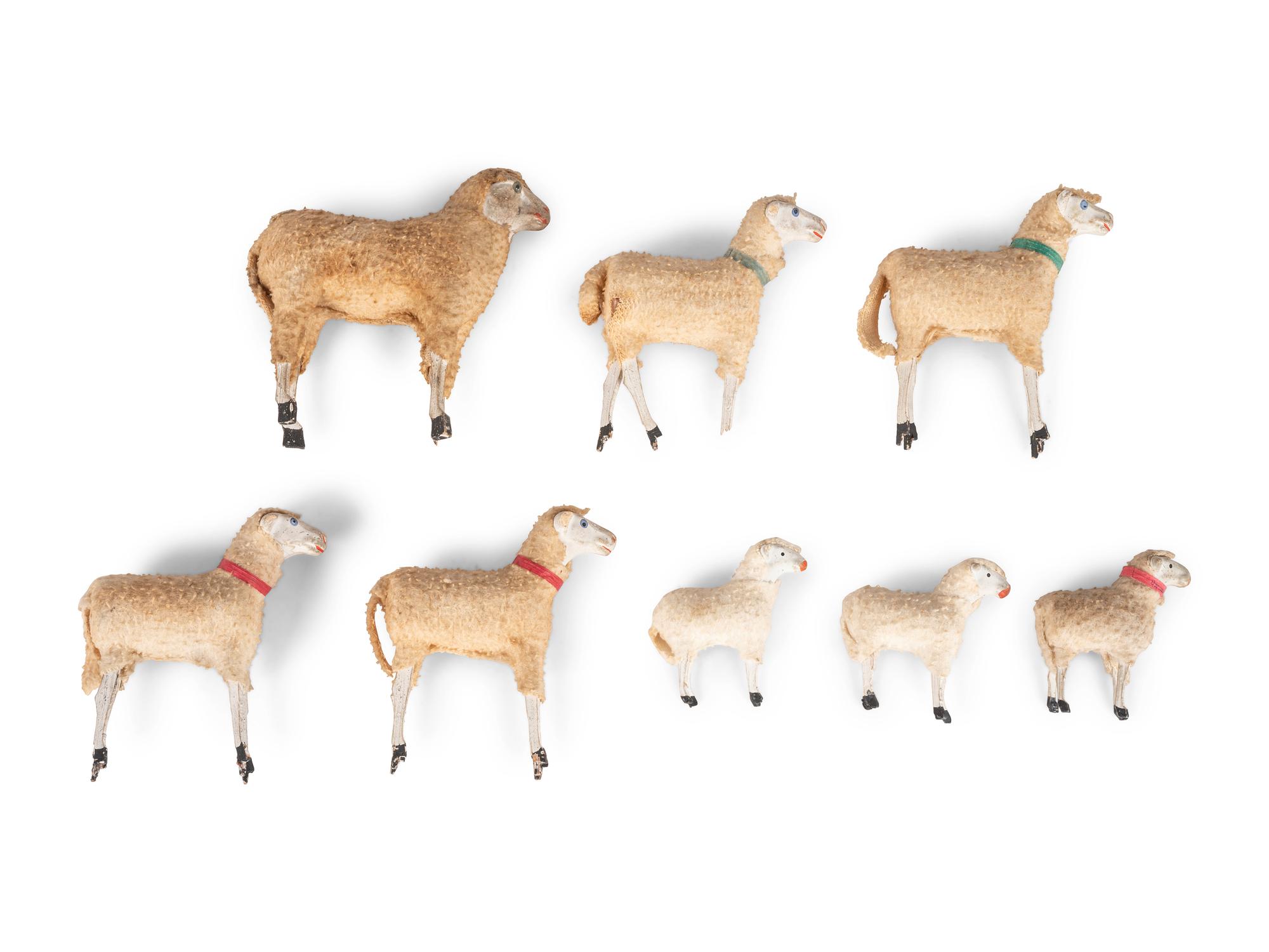 Eight German Wooly Sheep Toys with Stick Legs