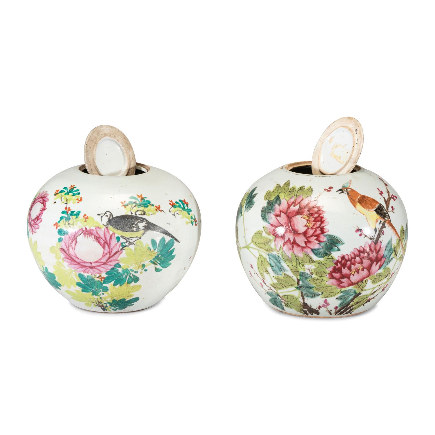 A Pair of Chinese Famille Rose Bird Decorated Porcelain Ginger Jars