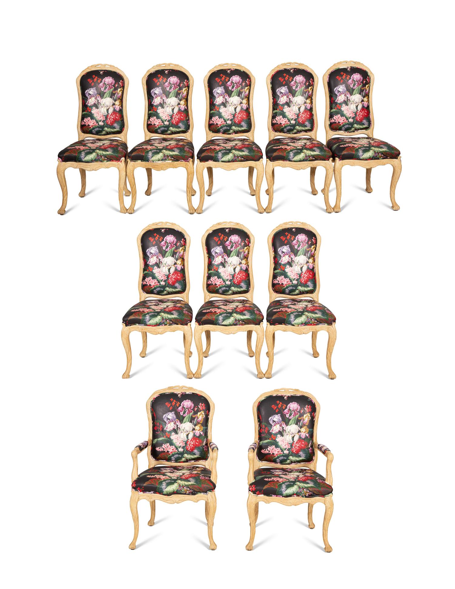 A Set of Ten Louis XV Style Dining Chairs
