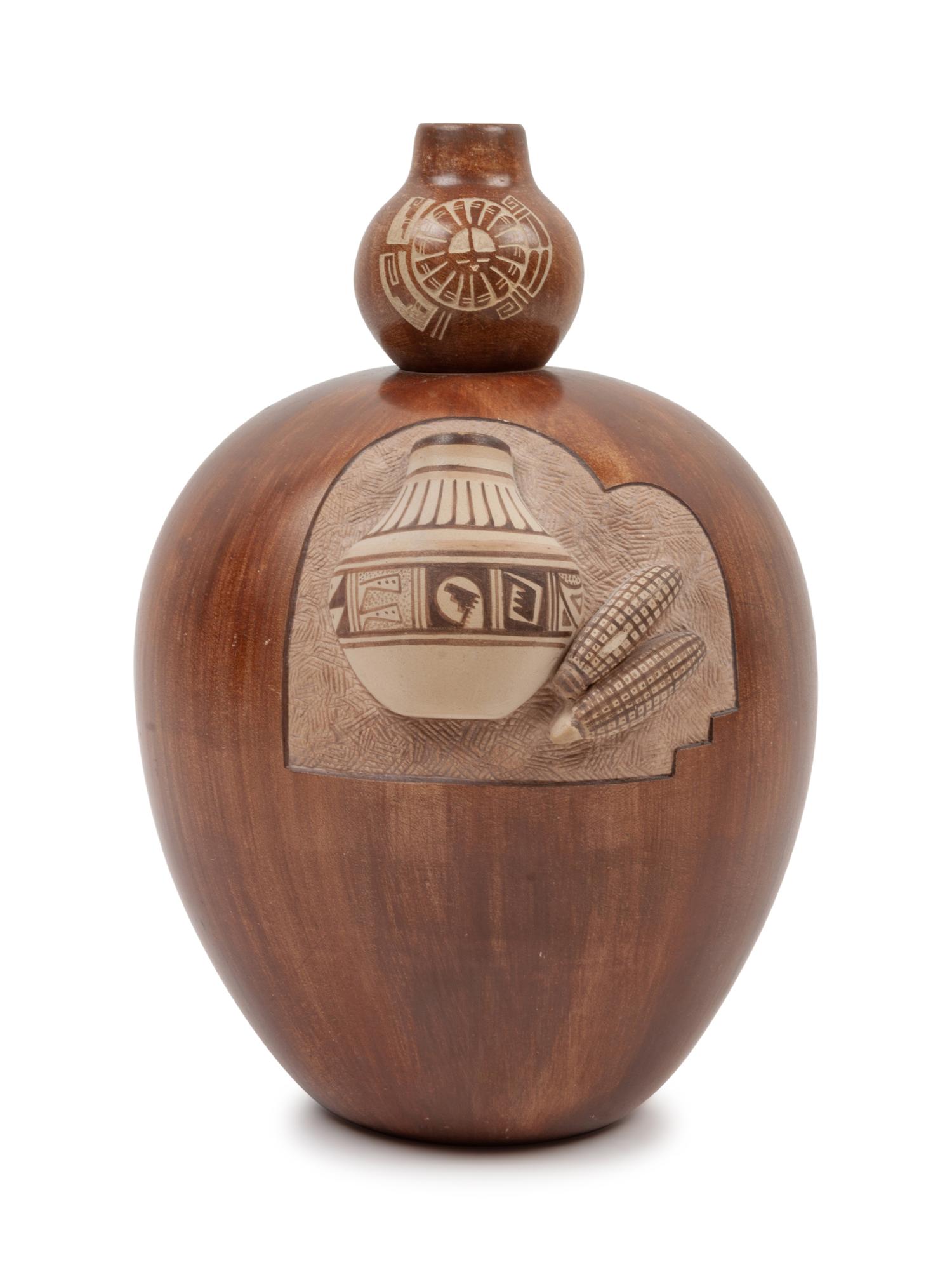 Gourd Form Redware Pottery Jar with a sgraffito lid and handles with pottery and corn in relief