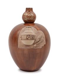 Gourd Form Redware Pottery Jar with a sgraffito lid and handles with pottery and corn in relief
