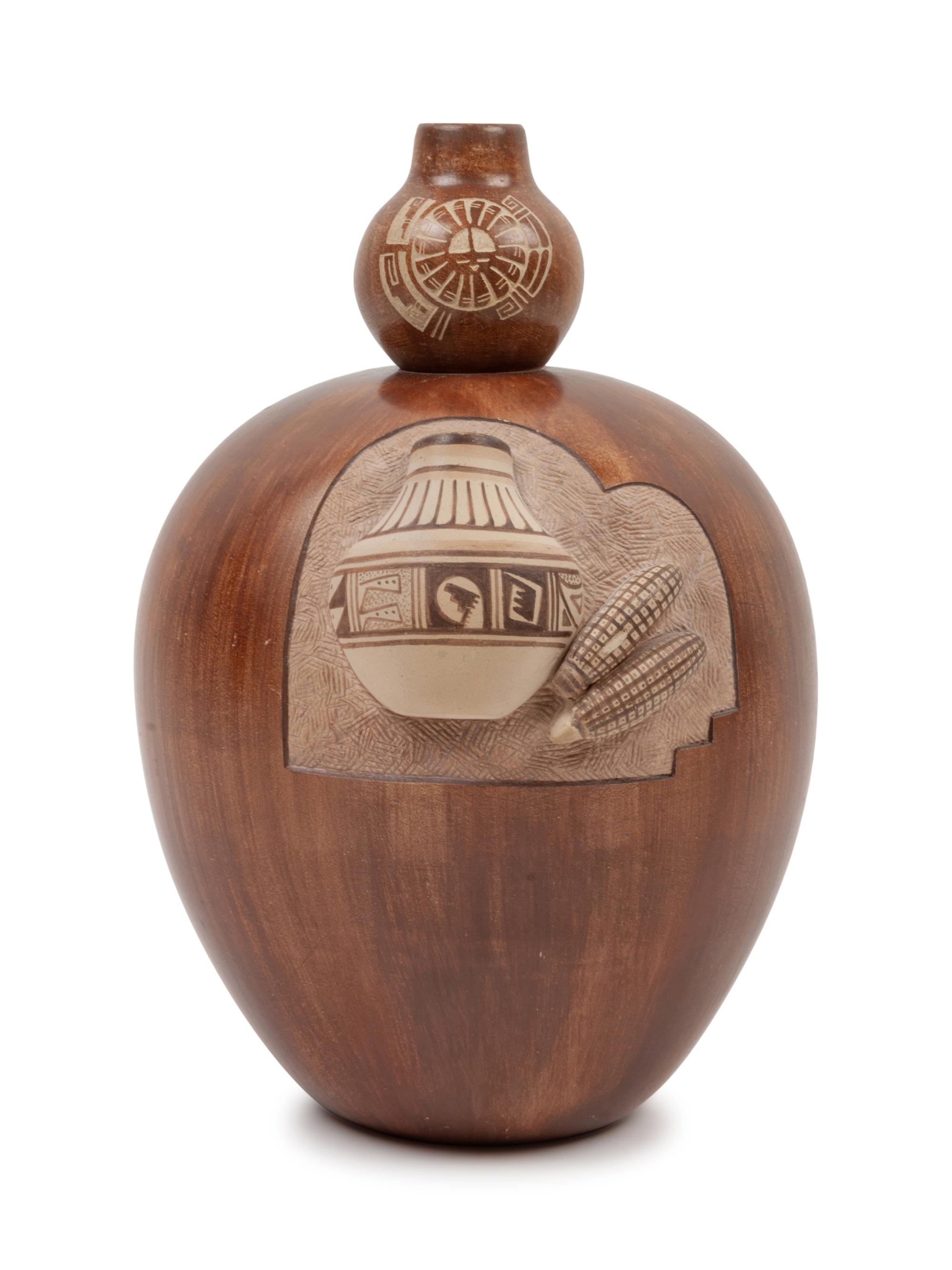 Gourd Form Redware Pottery Jar with a sgraffito lid and handles with pottery and corn in relief