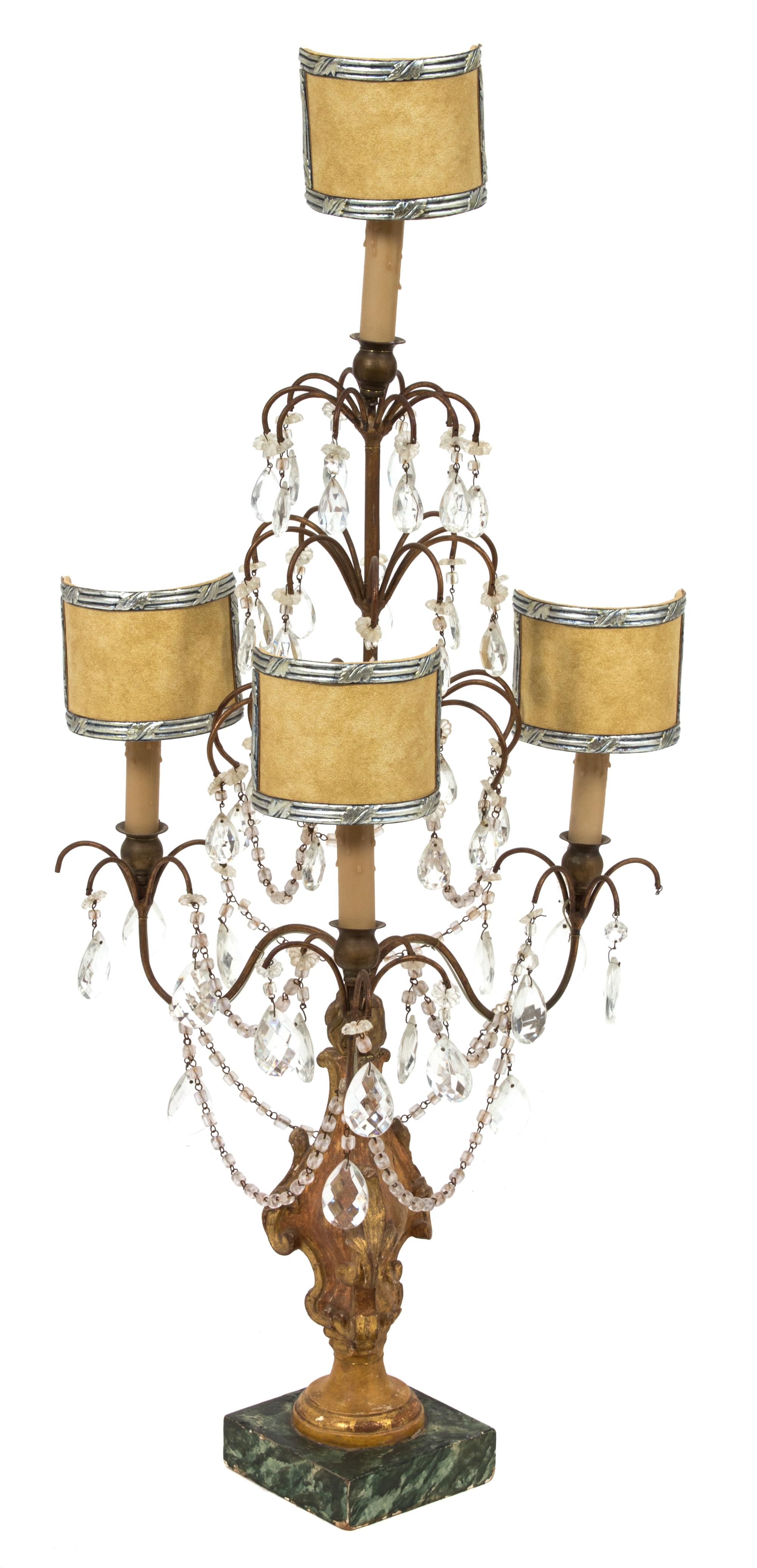 A Continental Gilt Metal and Cut Glass Four-Light Candelabrum Height 40 inches. — LATE 19TH CENTURY