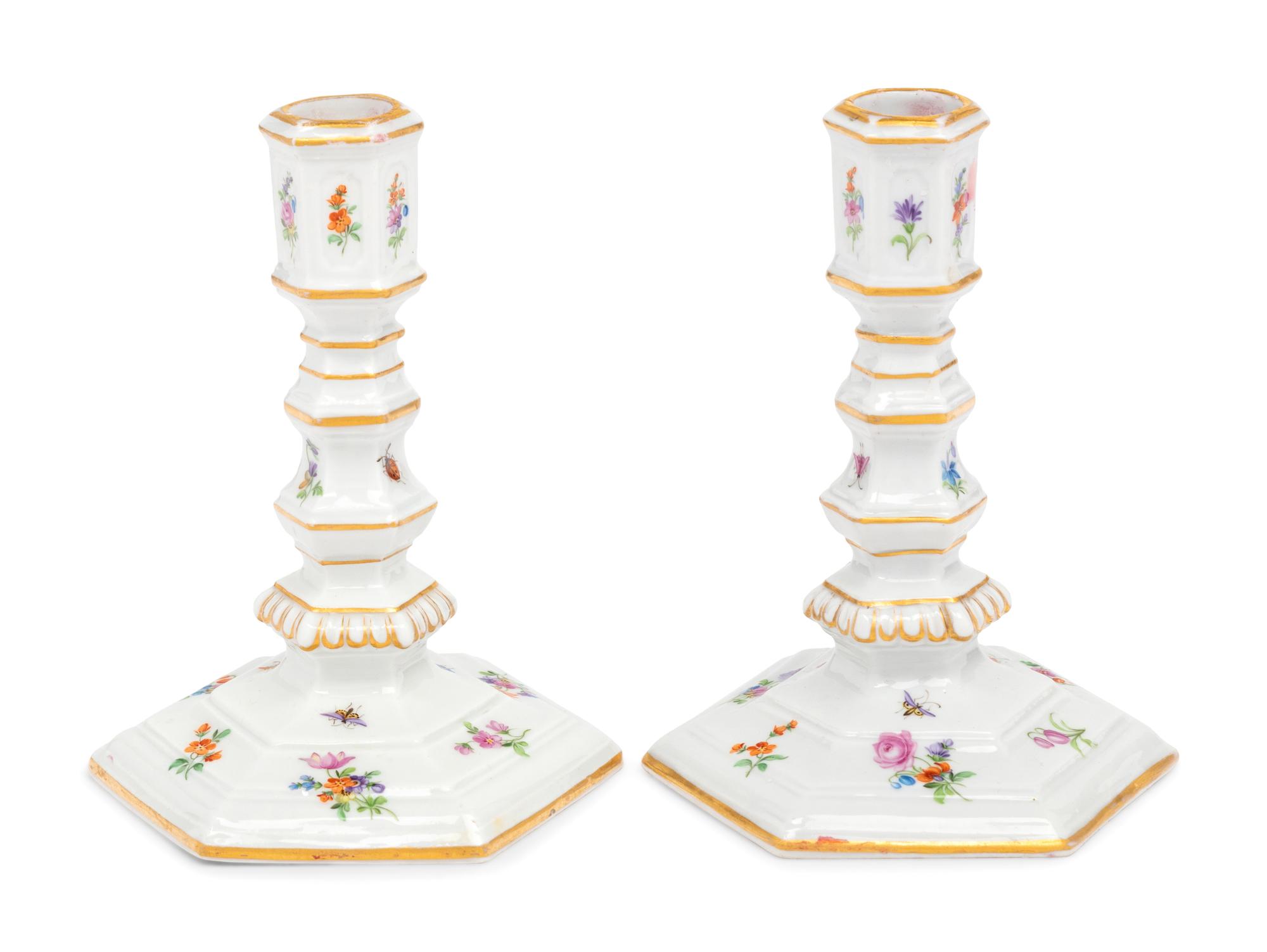 A Pair of Meissen Porcelain Candlesticks