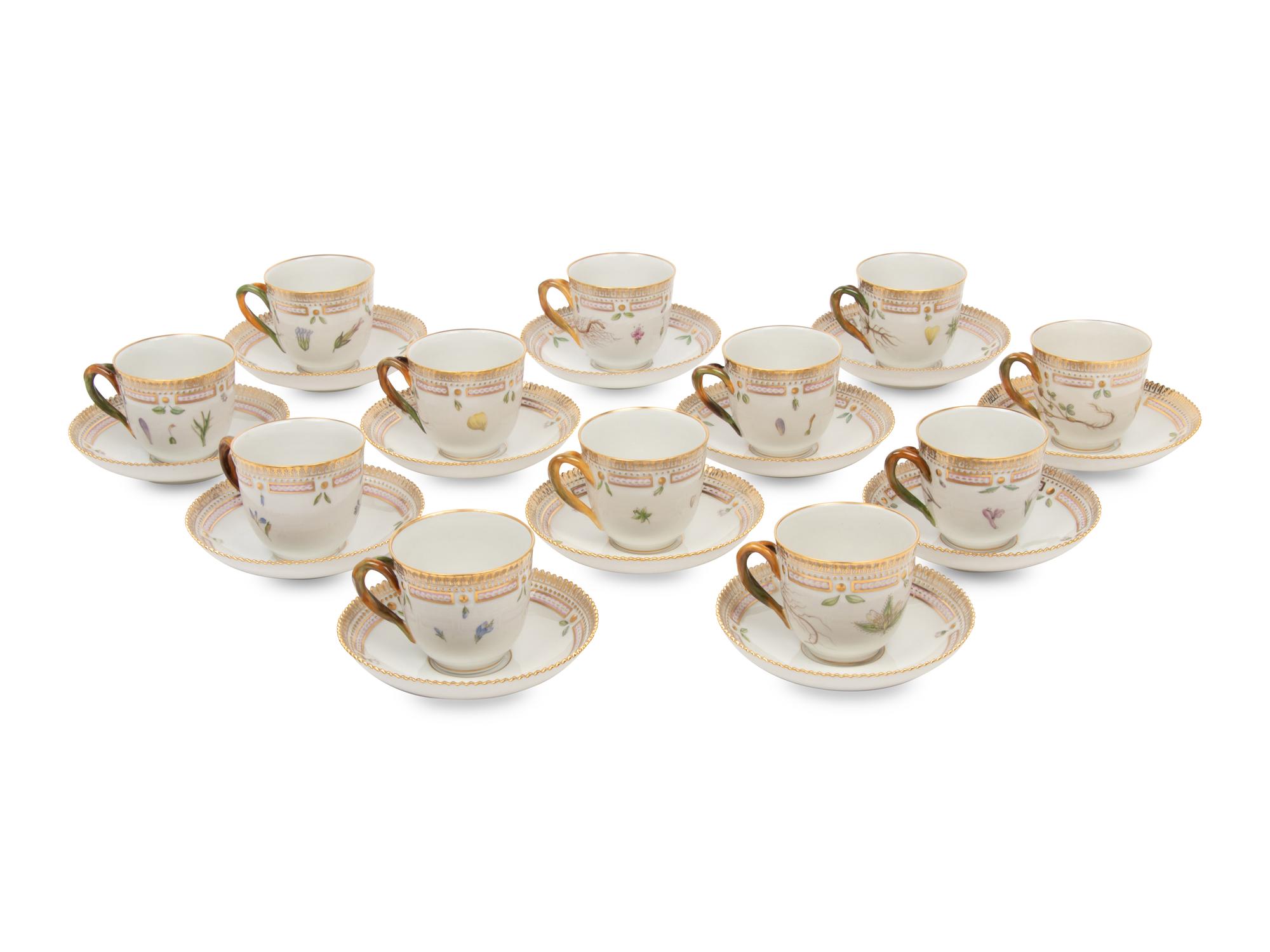 A Set of Twelve Royal Copenhagen Flora Danica Porcelain Teacups and Saucers