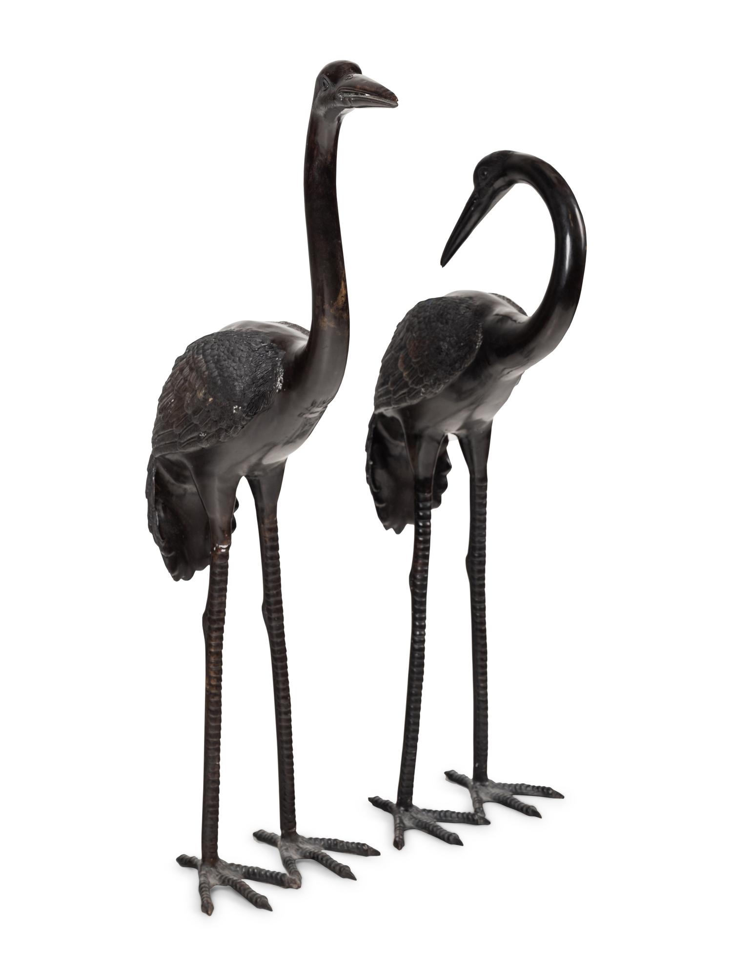 A Large Japanese Bronze Group of Two Cranes
