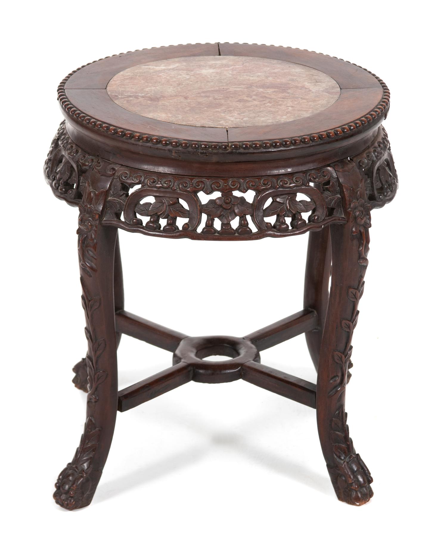 A Chinese Carved Hardwood Table with Inset Marble Top — 19TH CENTURY