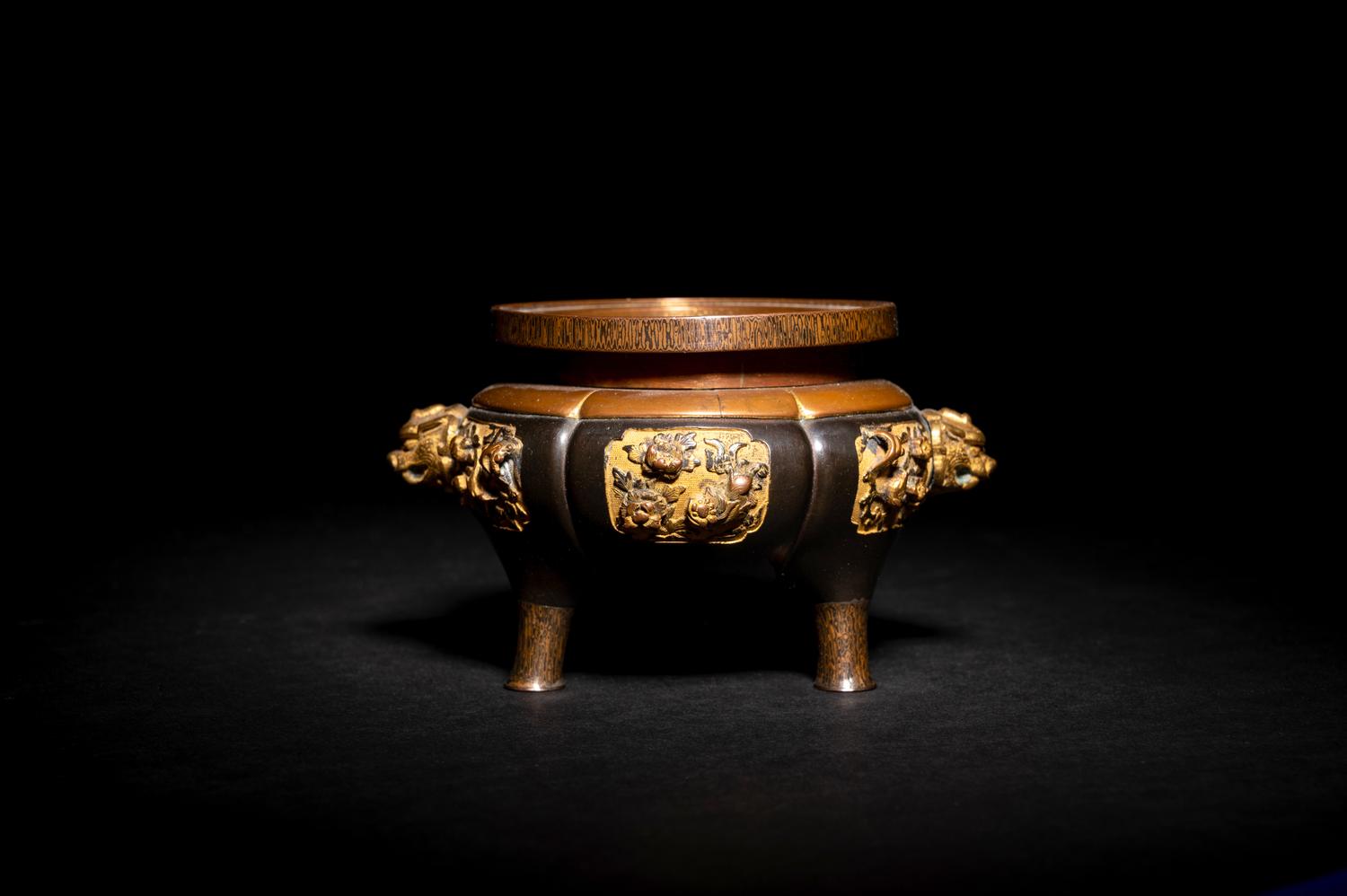 A Japanese Mixed Metal Inlaid Bronze Tripod Censer