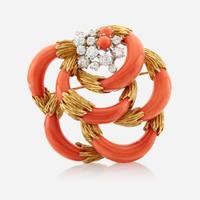 A gold, coral, and diamond brooch, Kutchinsky