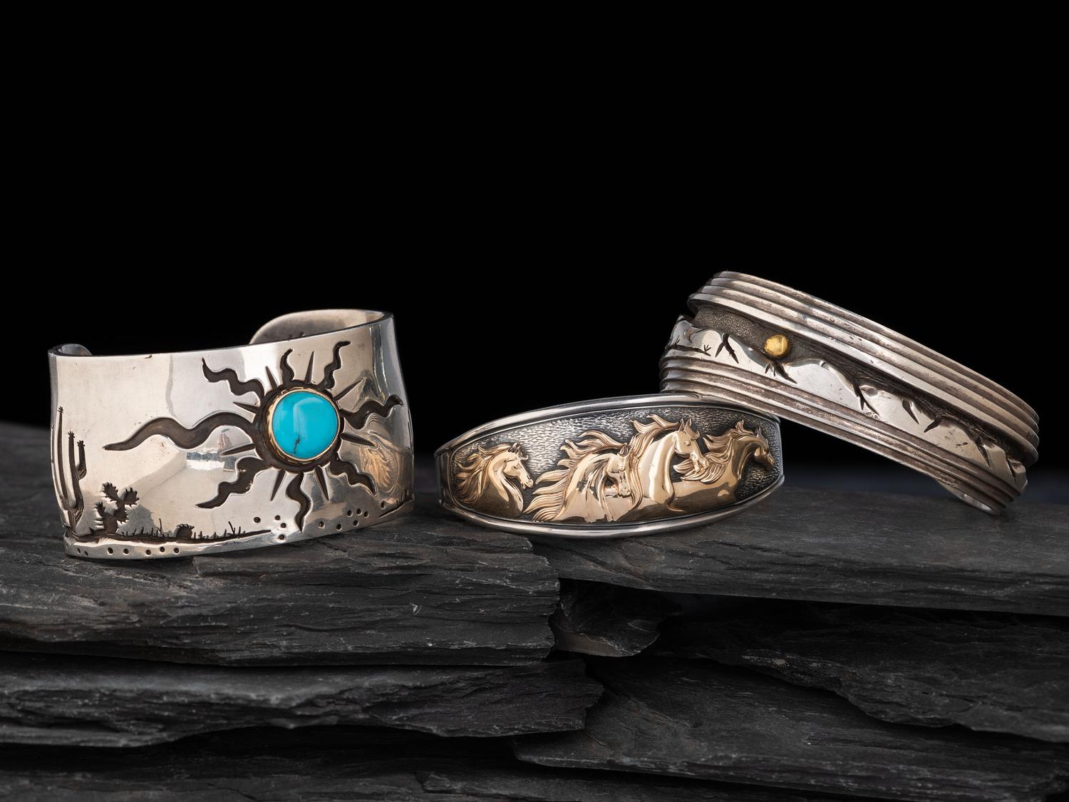 Silver Desert Scene Cuff Bracelets with Gold Accents, PLUS