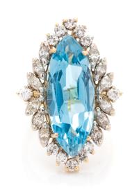 A Yellow Gold, Aquamarine and Diamond Ring, 5.20 dwts.