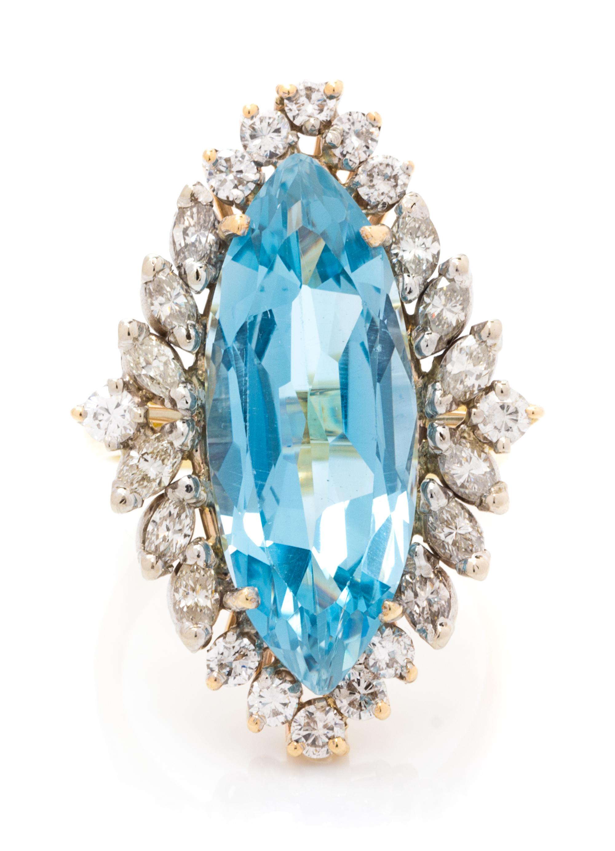 A Yellow Gold, Aquamarine and Diamond Ring, 5.20 dwts.