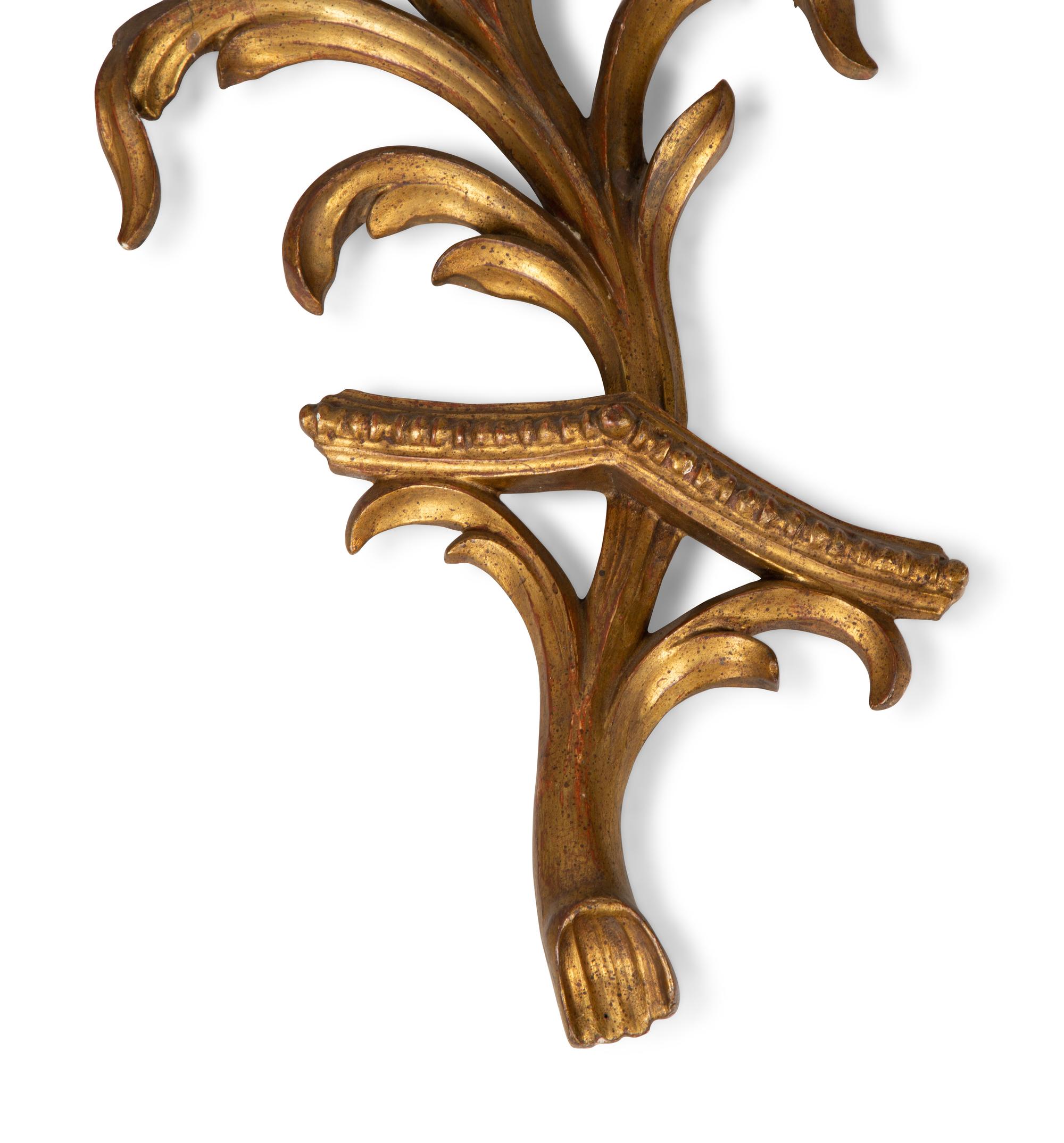 A Pair of Italian Baroque Style Carved Giltwood Three-Light Large Sconces