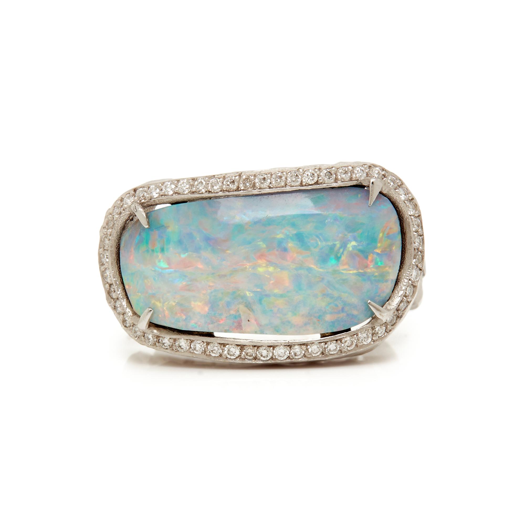 WHITE GOLD, OPAL, AND DIAMOND RING