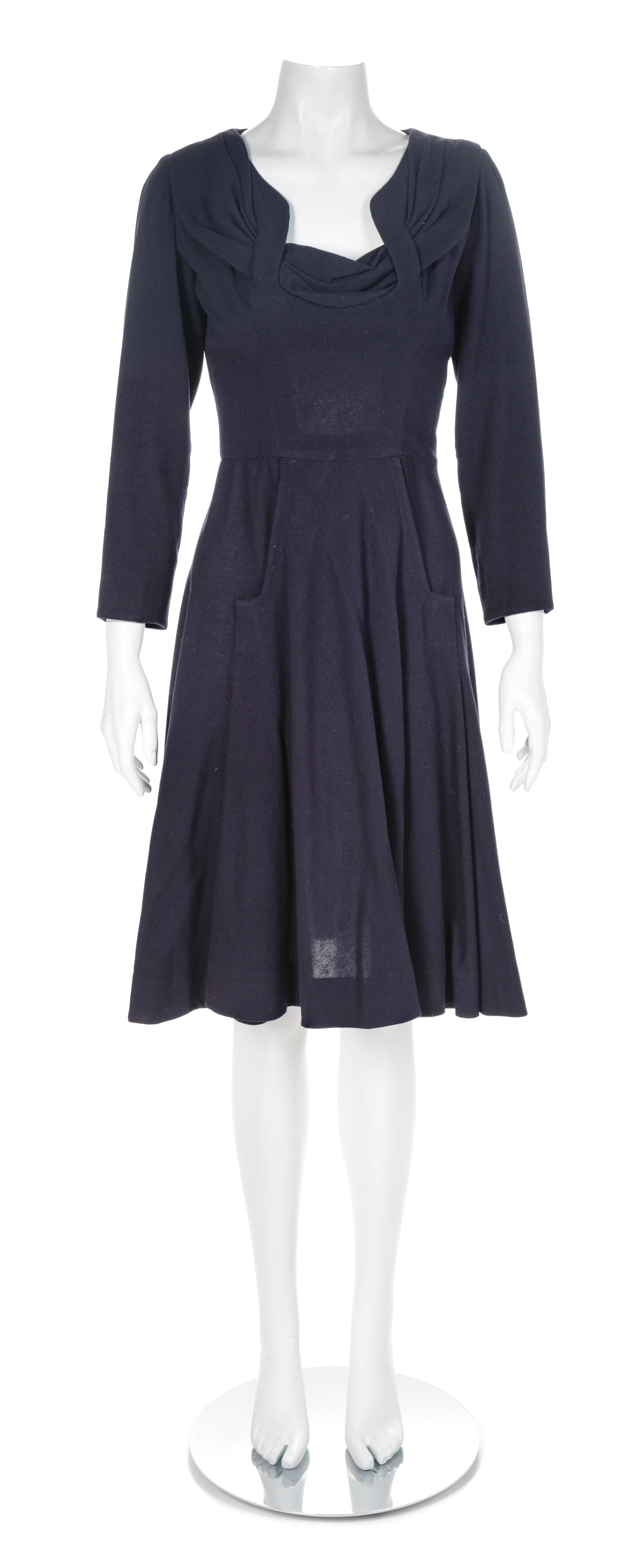 Returned to Owner: Jacques Fath Navy Wool Dress, 1950s No size label
