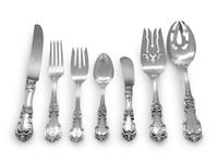 Burgundy pattern, comprising: 14 dinner knives with stainless steel blades 14 butter spreaders with stainless steel blades 14 dinner forks 24 teaspoons 14 iced teaspoons 14 salad forks 4 serving spoons 2 serving forks 7 various serving articles 107 items total.