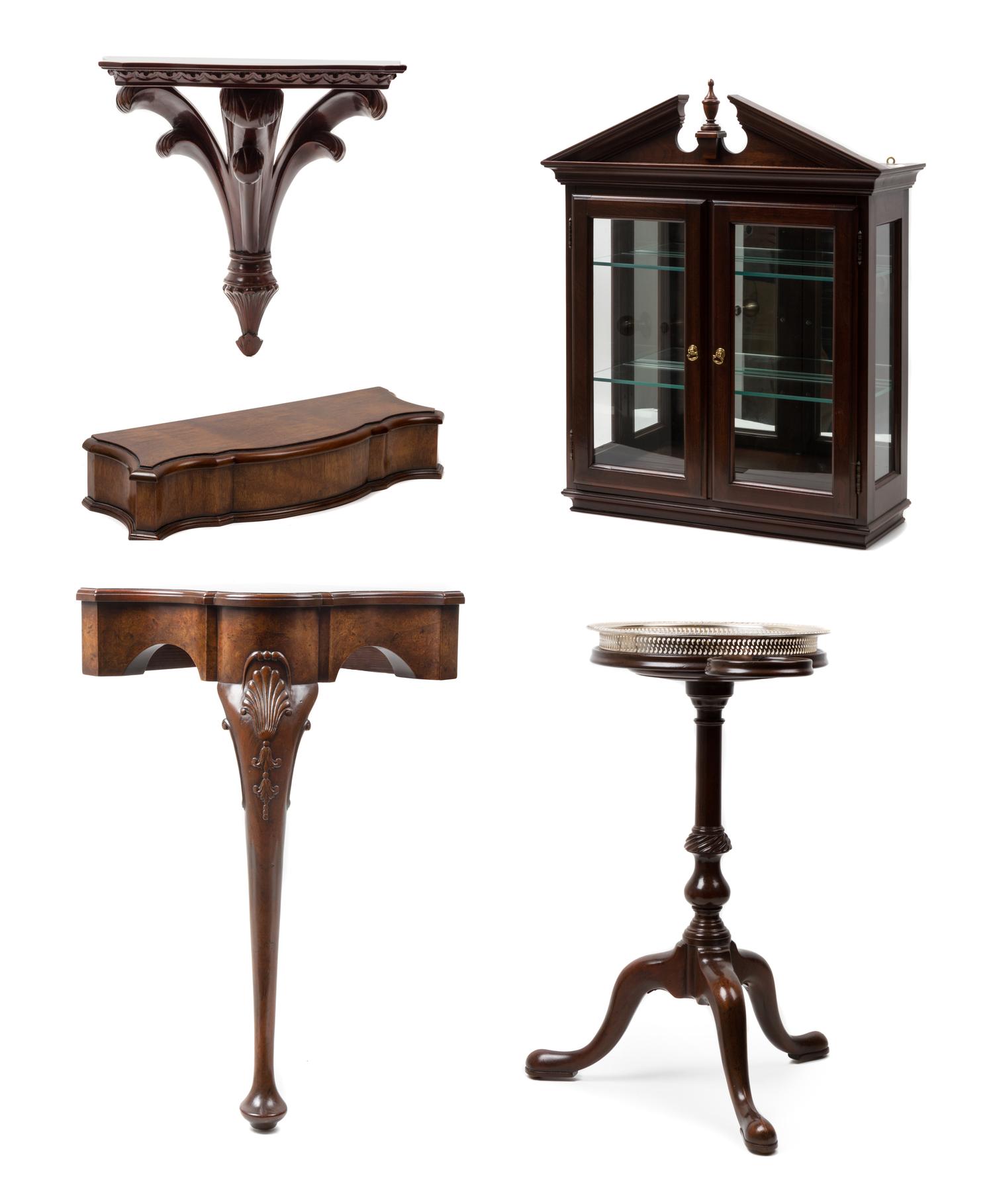 A Group of Five Hardwood Articles Height of curio 26 3/4 inches.