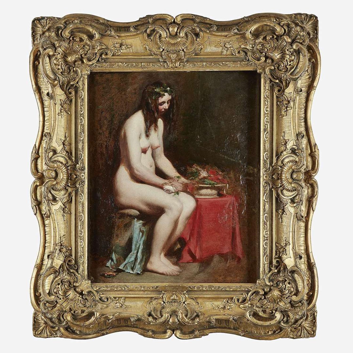 William Etty (British, 1787–1849) Seated Female Nude with Flowers in her Hair and a Still-Life by her Side
