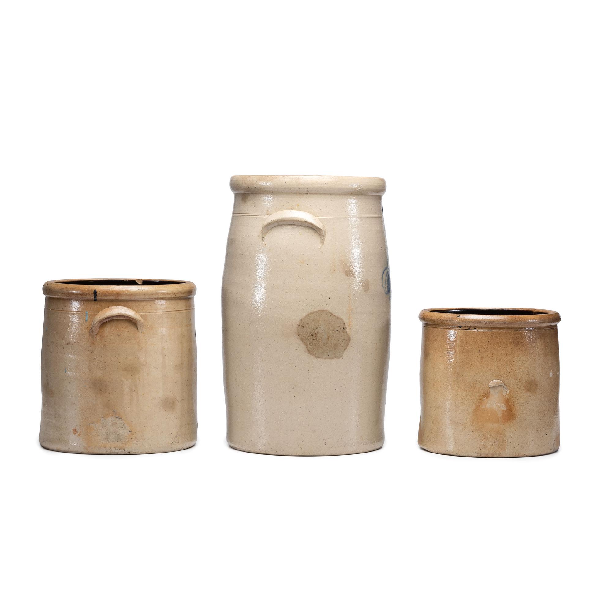 Three Stoneware Crocks with Cobalt Capacity Marks