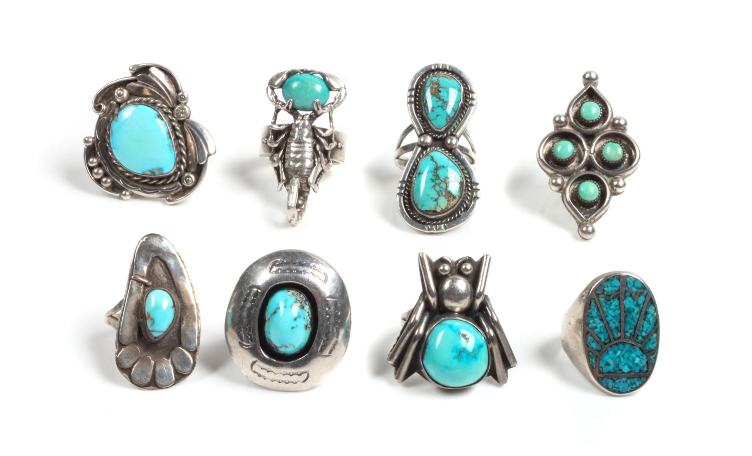 Eight Southwestern Silver and Turquoise Rings