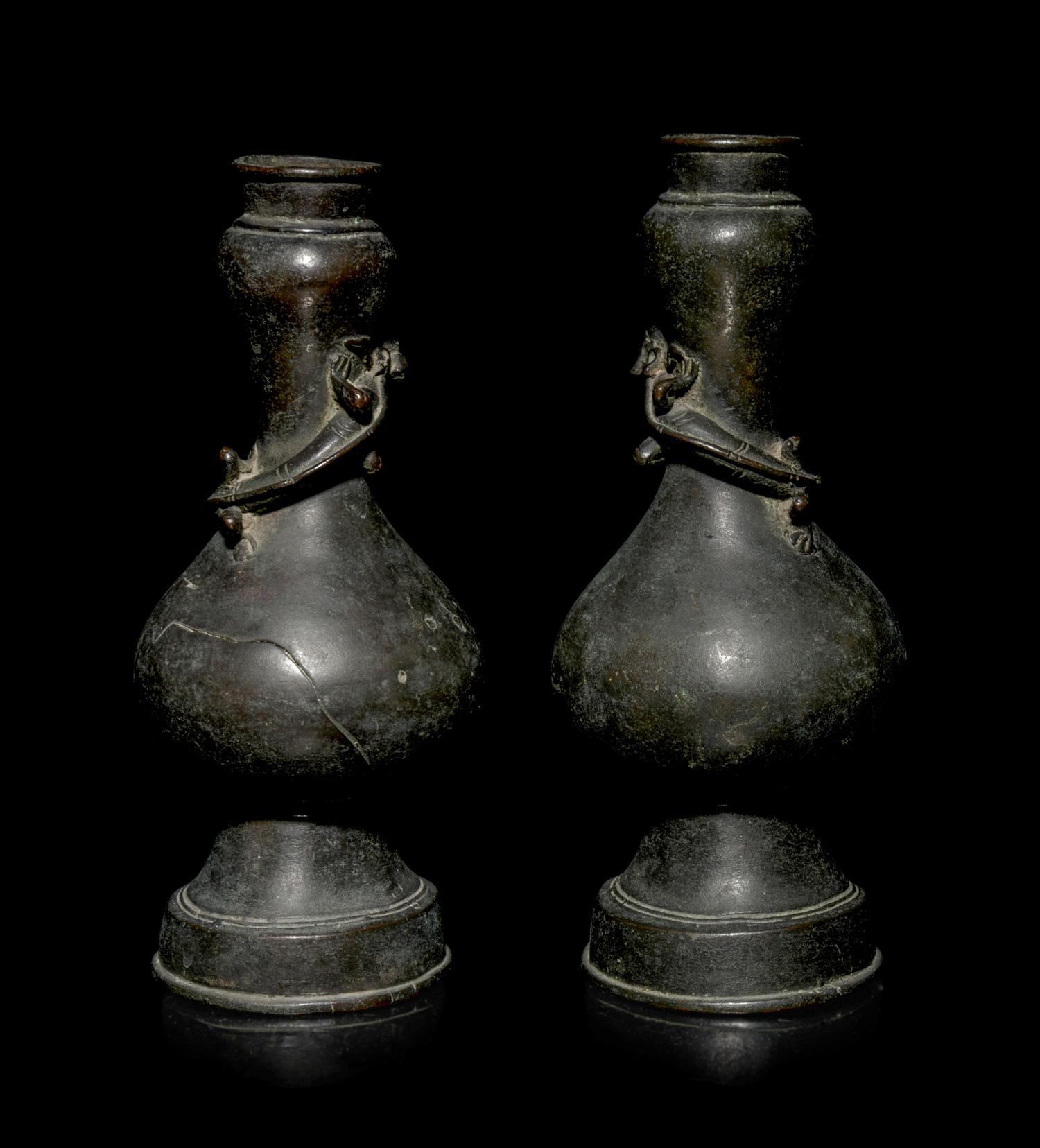A Pair of Chinese Bronze Bottle Vases