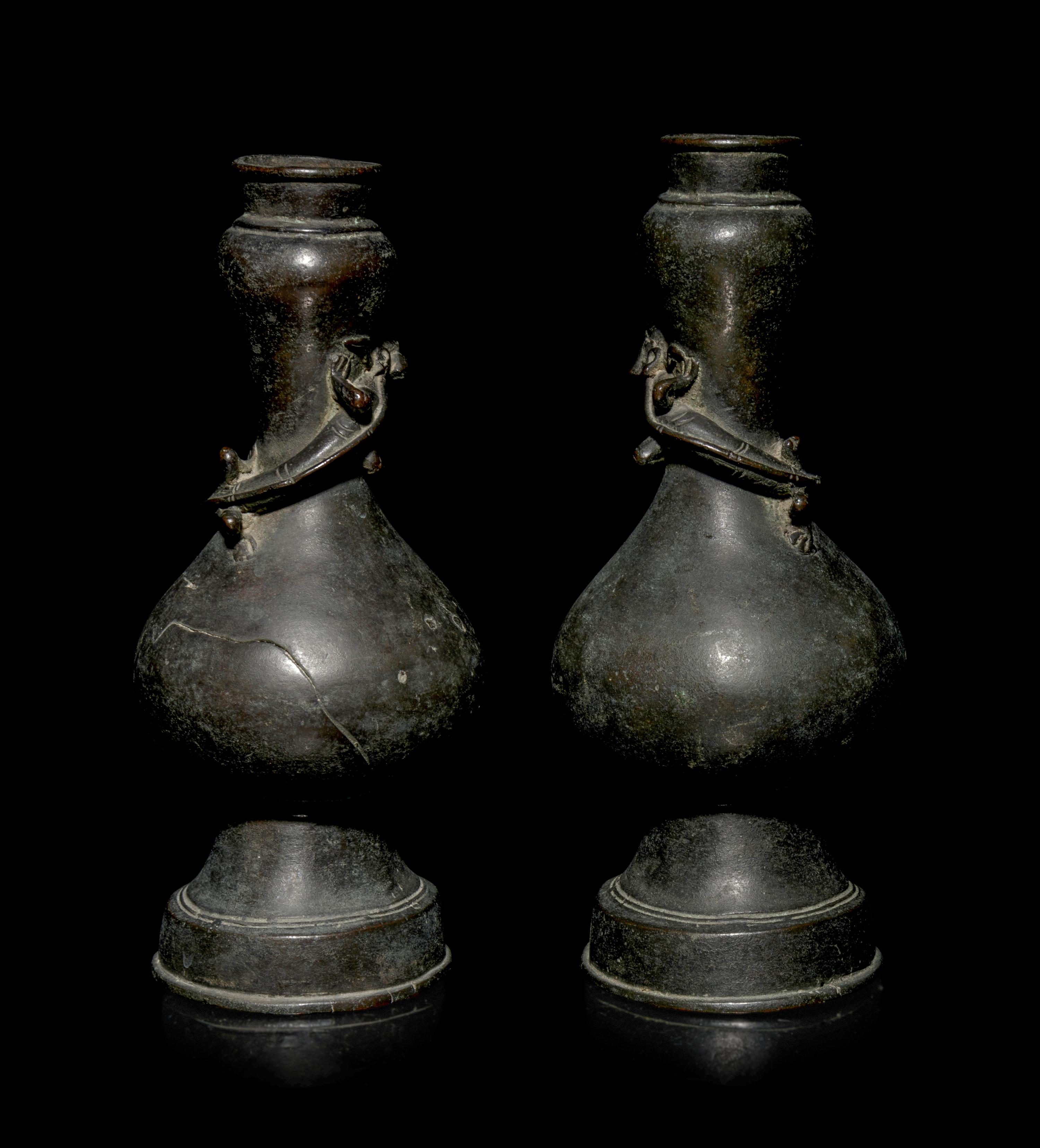 A Pair of Chinese Bronze Bottle Vases
