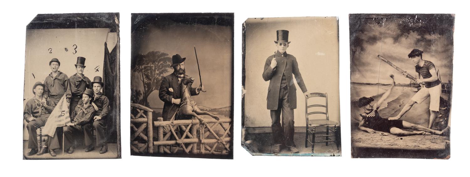 [EARLY PHOTOGRAPHY - PORTRAITURE]. A leatherette accordion album containing 8 tintype portraits of men and women in unusual poses and with interesting props, including: