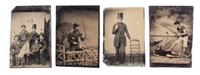 [EARLY PHOTOGRAPHY - PORTRAITURE]. A leatherette accordion album containing 8 tintype portraits of men and women in unusual poses and with interesting props, including: