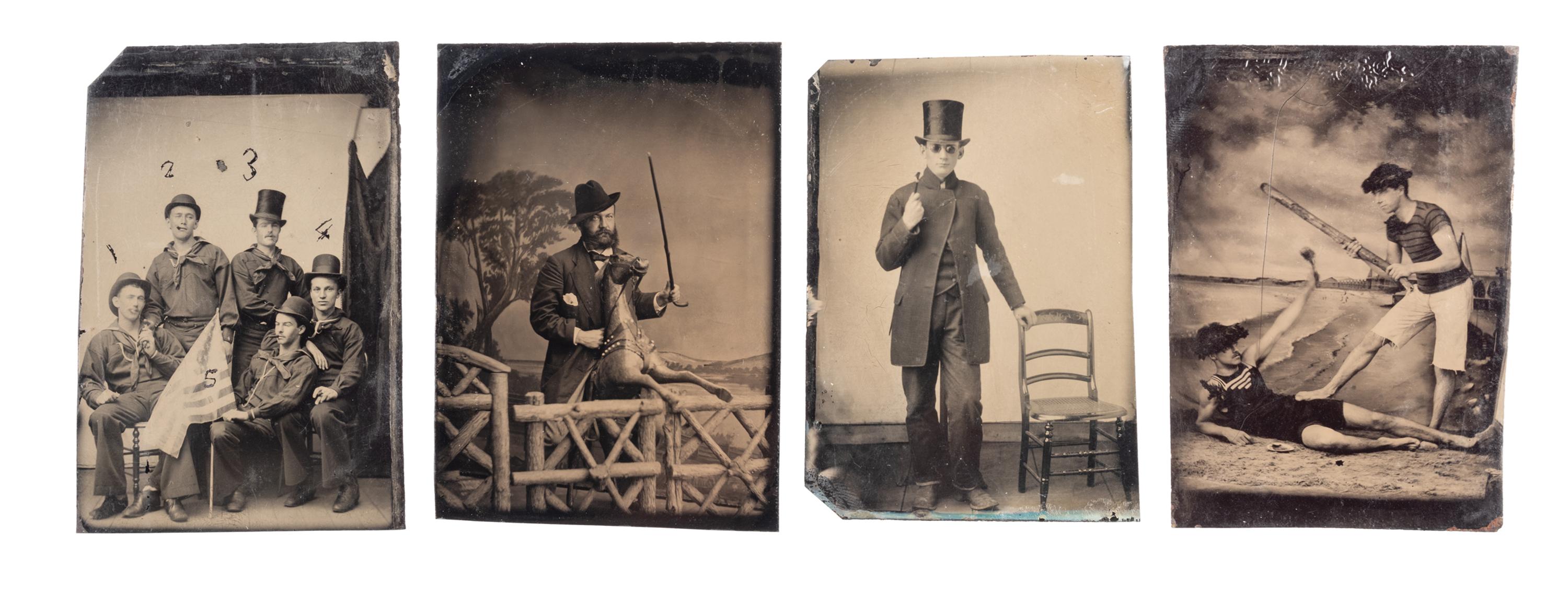 [EARLY PHOTOGRAPHY - PORTRAITURE]. A leatherette accordion album containing 8 tintype portraits of men and women in unusual poses and with interesting props, including: