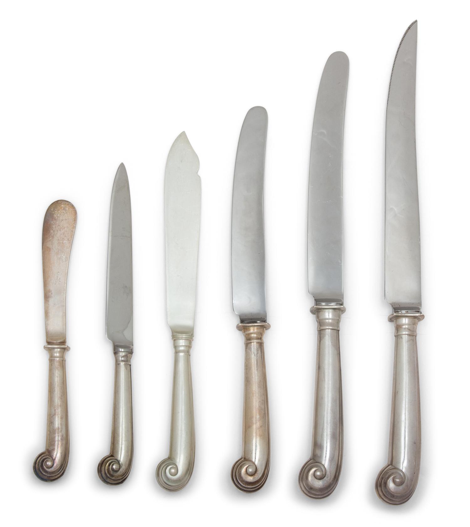 An English Silver Flatware Service, Various Makers, Wallace Sterling Company and CJ Vander Onslow pattern, comprising: 12 steak knives