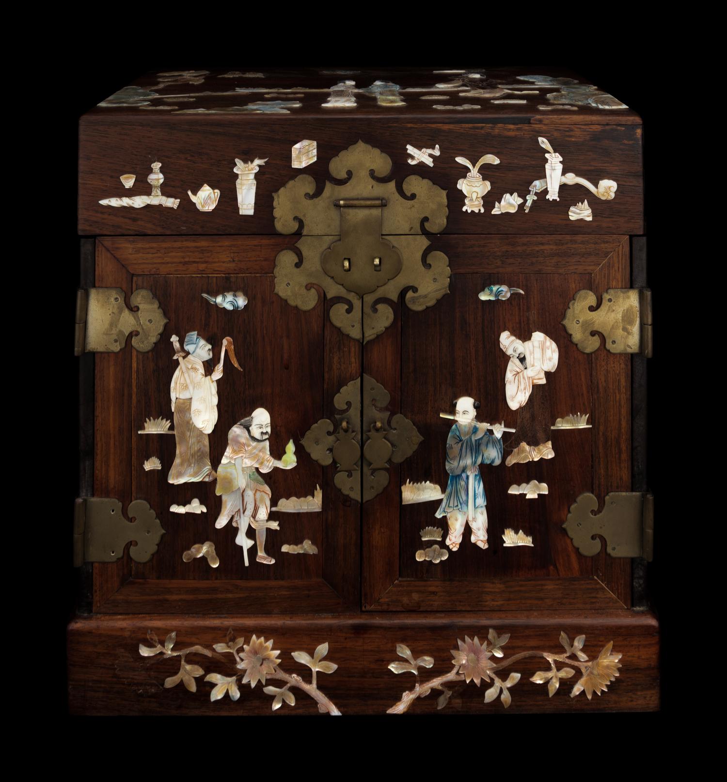 A Chinese Mother-of-Pearl Inlaid Huanghuali Seal Chest