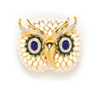 A Kenneth Jay Lane White Enamel Owl Brooch, 2" x 2".