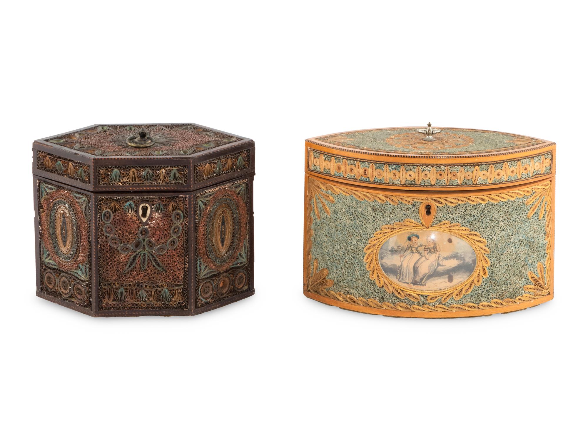 Two English Rolled-Paper Decorated Tea Caddies