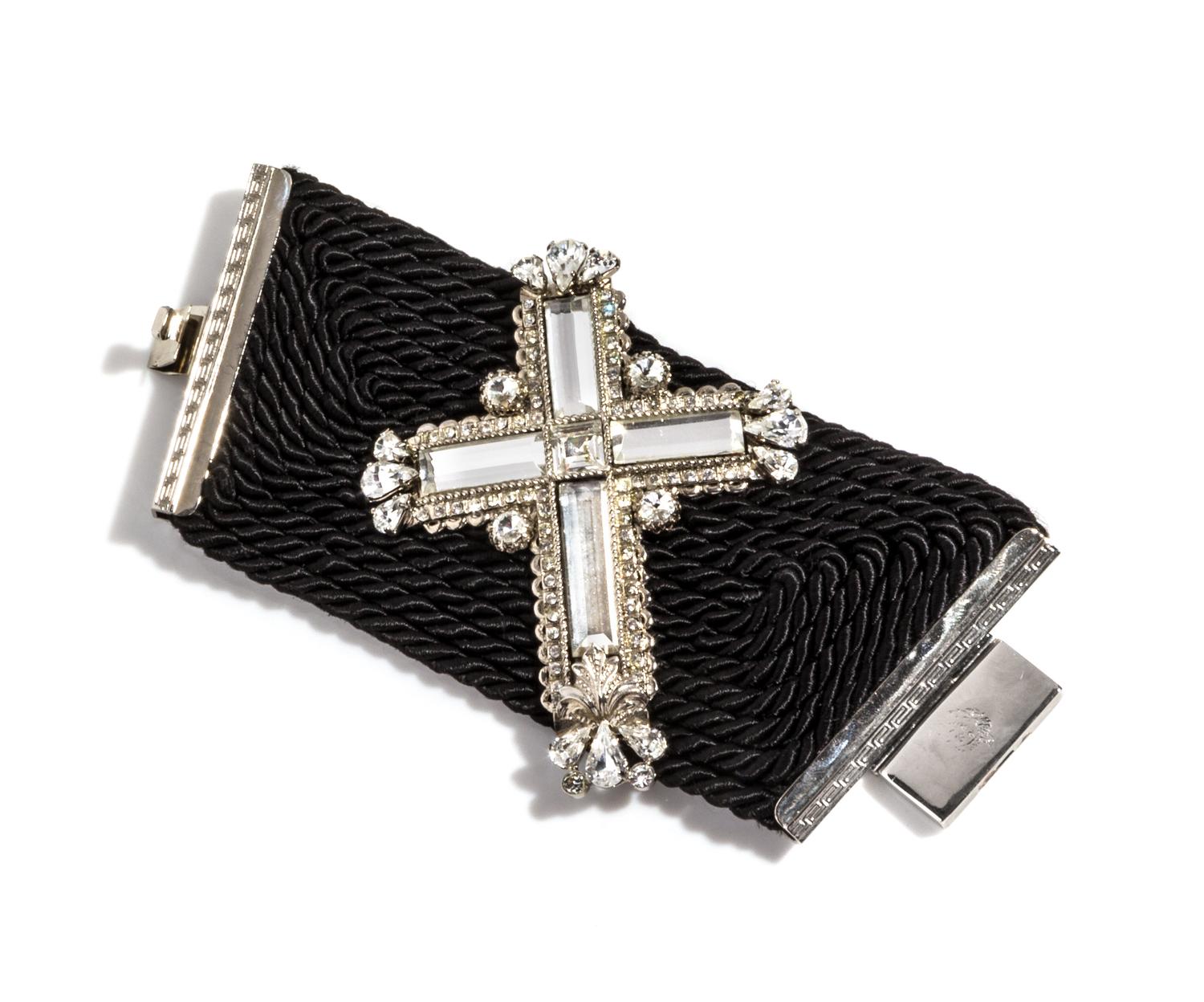 A Gianni Versace Black Silk and Crystal Cross Cuff Bracelet, Cuff: 7.5" x 3.5"; Cross: 4.25" x 3.5".