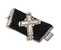 A Gianni Versace Black Silk and Crystal Cross Cuff Bracelet, Cuff: 7.5" x 3.5"; Cross: 4.25" x 3.5".