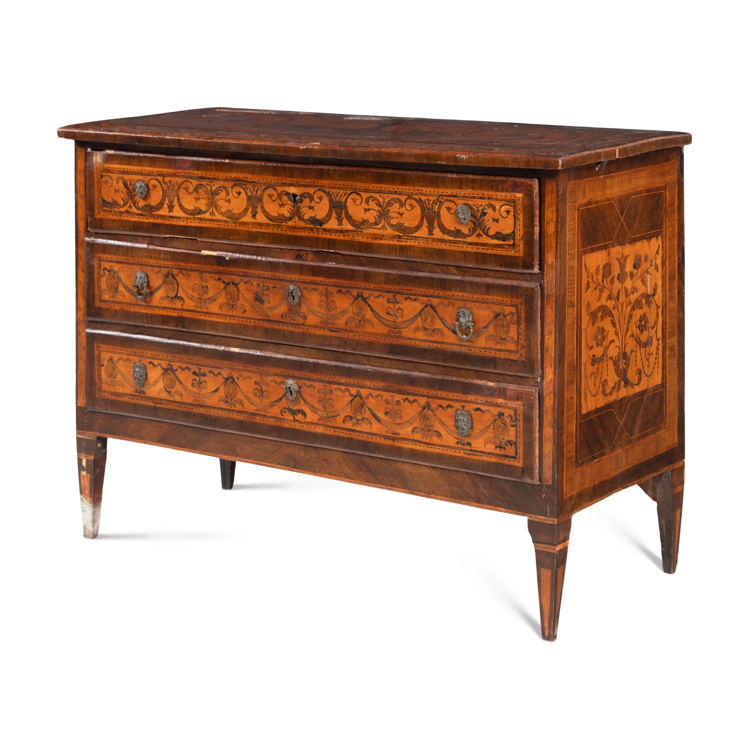 An Italian Neoclassical Mahogany and Fruitwood Marquetry Commode