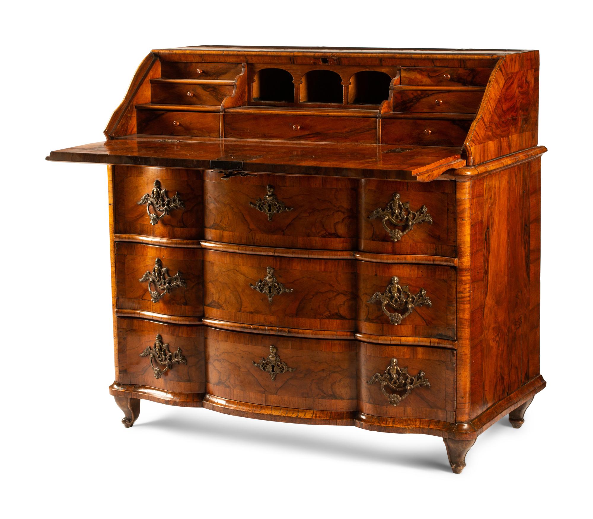 An Austrian Crossbanded Burl Walnut Slant-Front Bureau