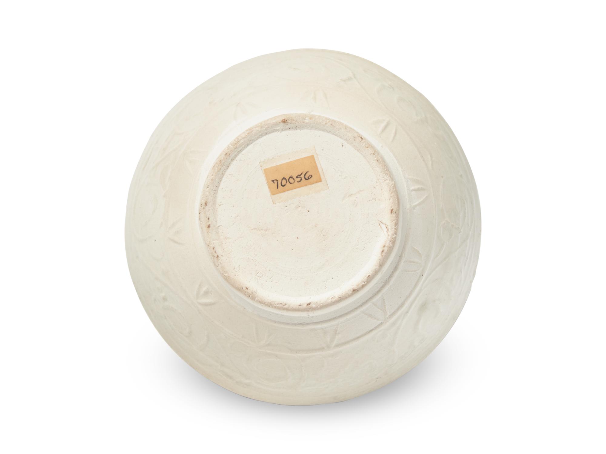 A Chinese White Glazed Molded Whiteware Jar, Possibly Fujian, Yuan to Ming Dynasty 或爲元-明 白釉模印卷草紋三系罐