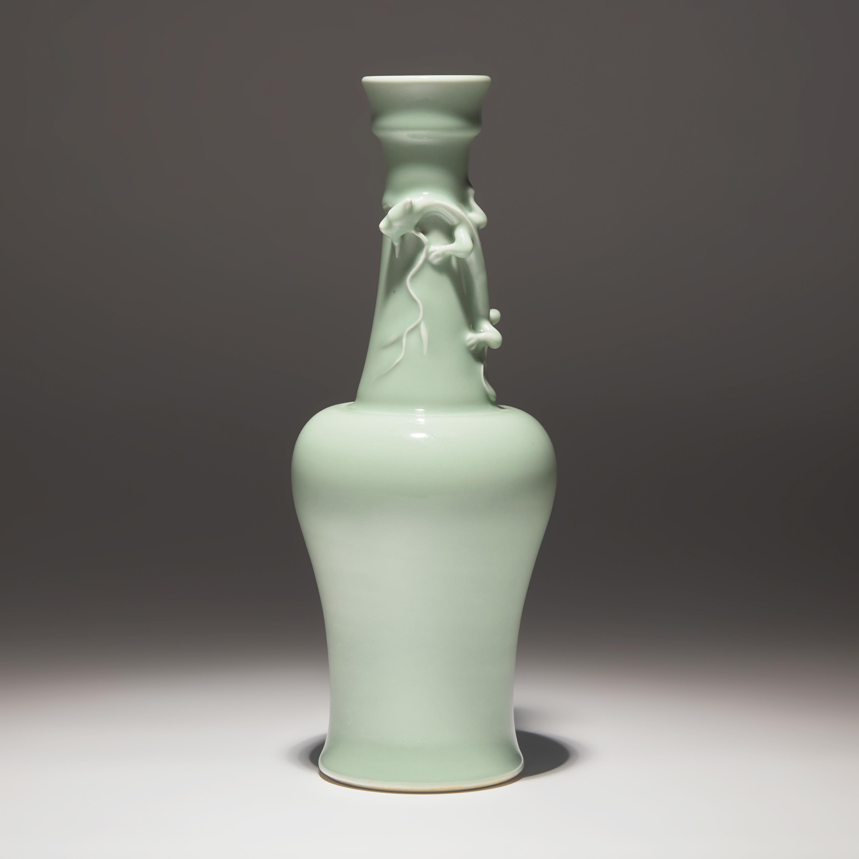 A Chinese Celadon Glazed 'Chilong' Vase, Yongzheng Mark — 雍正款 粉青釉盤螭龍長頸瓶