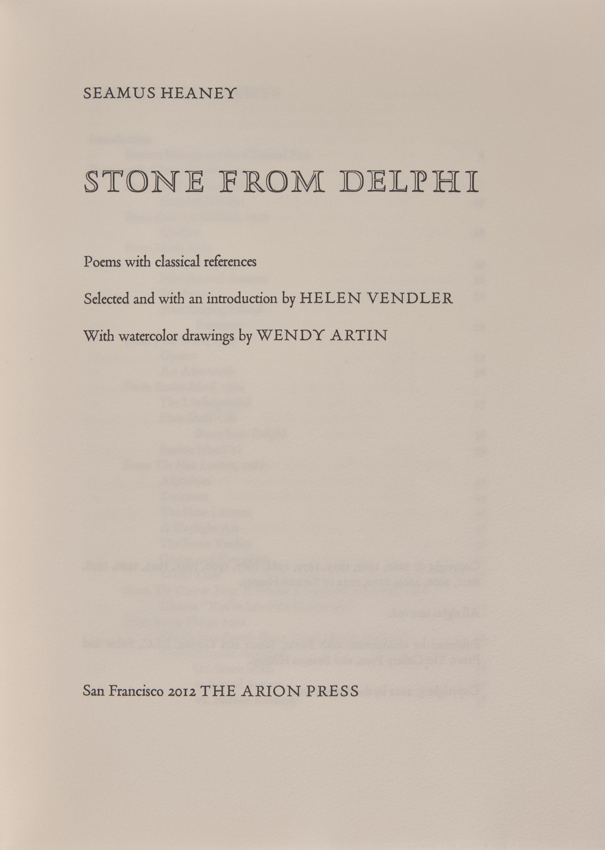 [FINE PRESS - ARION PRESS]. HEANEY, Seamus (1939-2013). Stone From Delphi . San Francisco: The Arion Press, 2012.