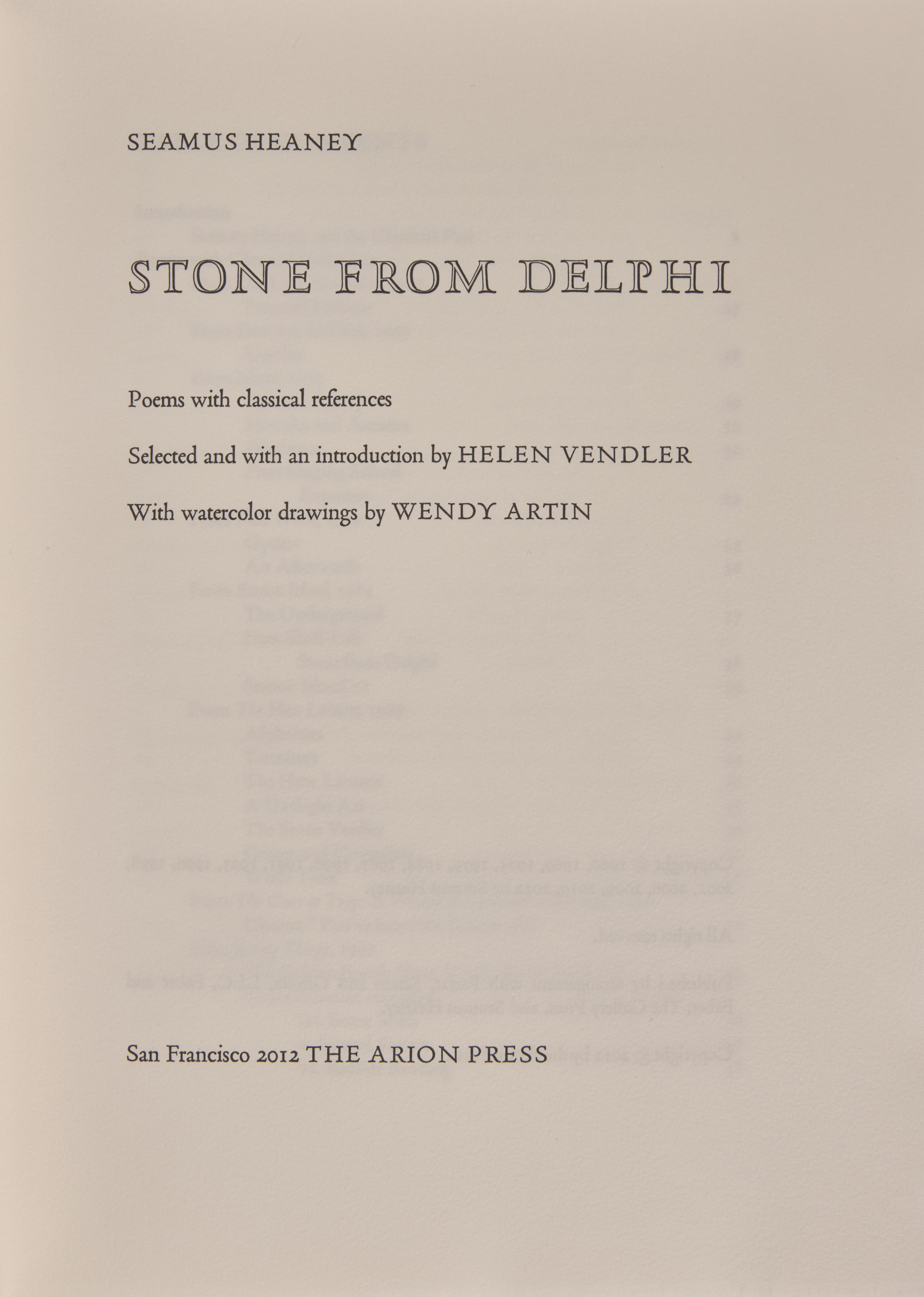[FINE PRESS - ARION PRESS]. HEANEY, Seamus (1939-2013). Stone From Delphi . San Francisco: The Arion Press, 2012.
