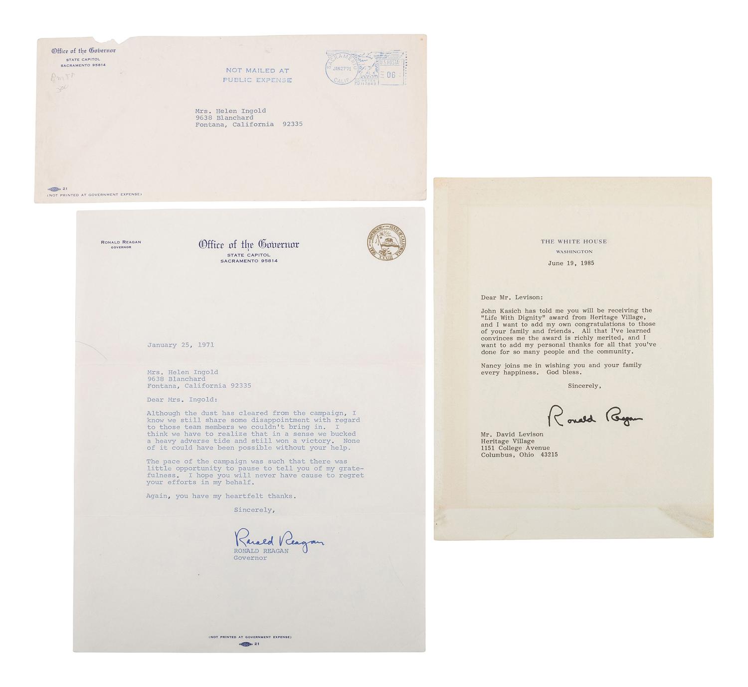 REAGAN, Ronald (1911-2004). Five signed items, most as Governor of California, plus.